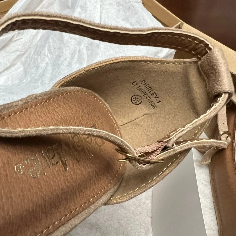 Bella Marie Ankle Strap Sandal Shirley Taupe Faux Suede Heels Size 8.5